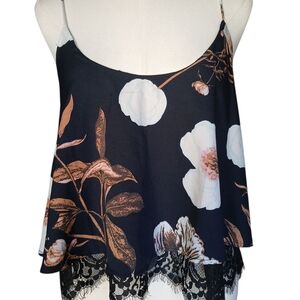NWT Navy Floral Lace Trim Cami Top Sz S
